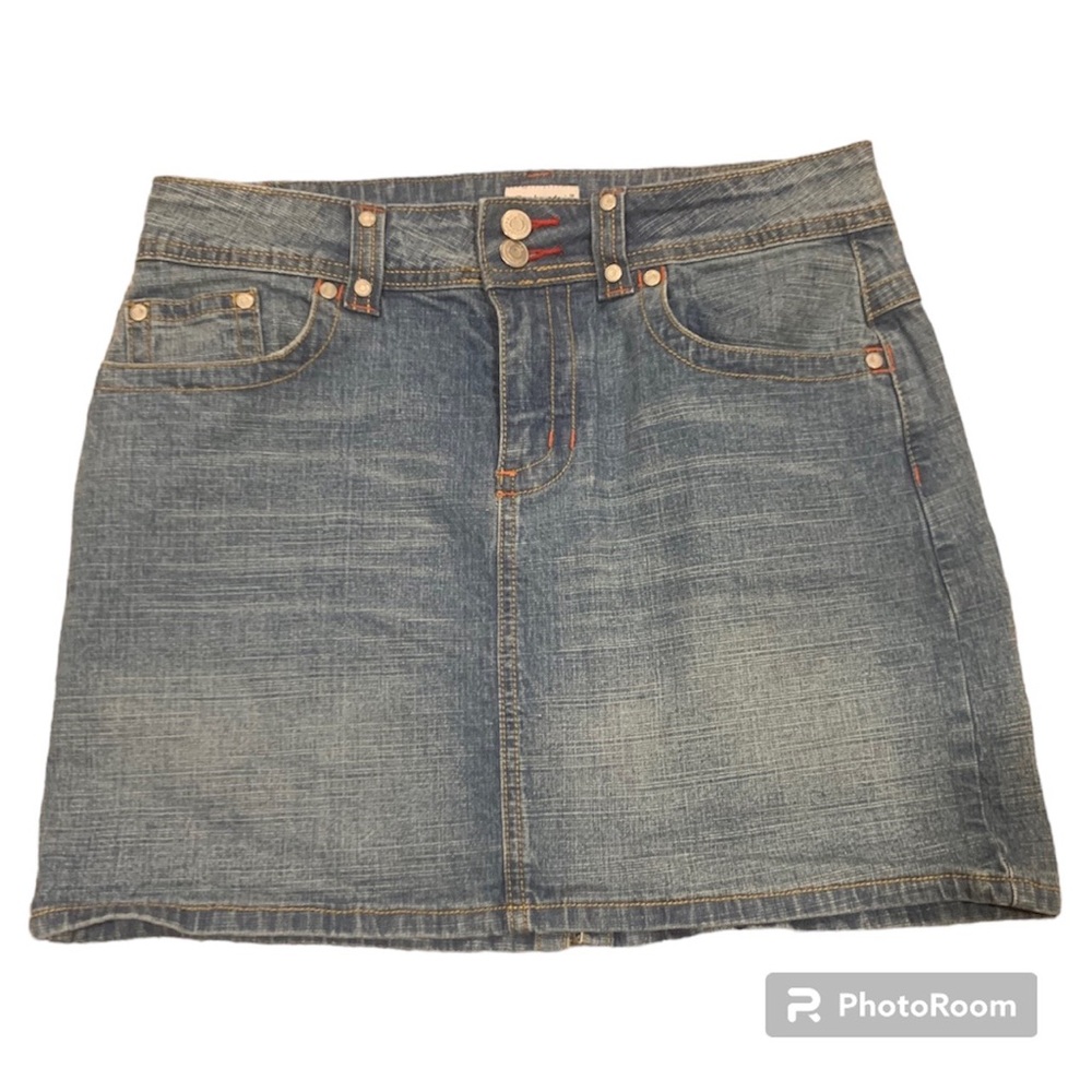 Y2k No Boundaries Denim Skirt with Silver Studs and Orange/Red Stitching, Size 9